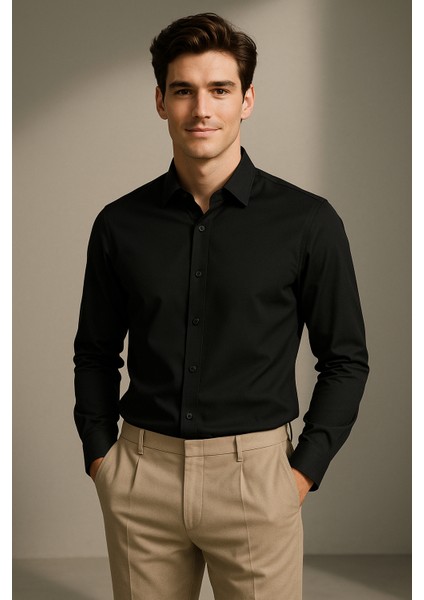 Erkek Siyah Su ve Leke Itici Nanocare Pamuk Saten Ütü Istemeyen Slim Fit Casual Gömlek