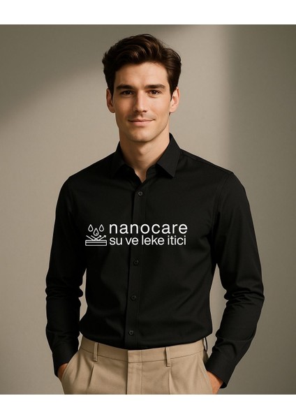 Erkek Siyah Su ve Leke Itici Nanocare Pamuk Saten Ütü Istemeyen Slim Fit Casual Gömlek fiyatları