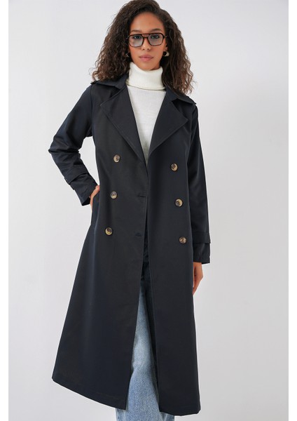 5940 Kadın Kruvaze Yaka Uzun Trençkot - Lacivert