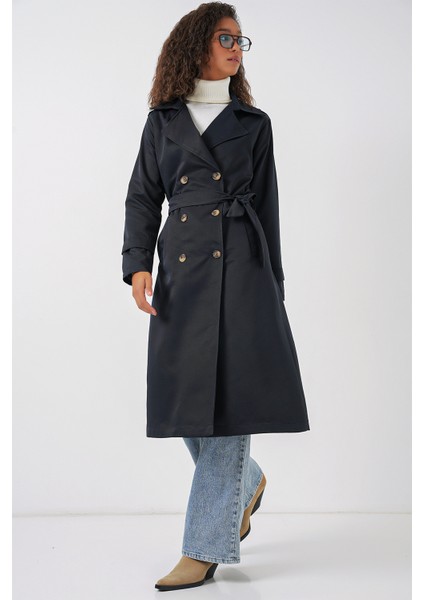 5940 Kadın Kruvaze Yaka Uzun Trençkot - Lacivert fiyatları