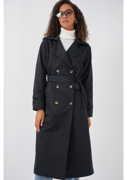 5940 Kadın Kruvaze Yaka Uzun Trençkot - Lacivert modelleri