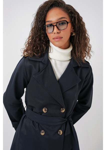 5940 Kadın Kruvaze Yaka Uzun Trençkot - Lacivert fırsatları