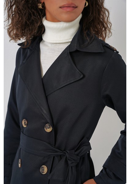 5940 Kadın Kruvaze Yaka Uzun Trençkot - Lacivert indirimleri