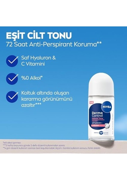 Nıvea Kadın Roll On Deodorant Derma Control Natural Tone 50 Ml, Koltuk Altı Kararmasına Karşı Etkili, Eşit Cilt Tonu, 72 Saat Anti Perspirant Koruma, C Vitamini, Hyaluronik Asit, Alkol Içermez modelleri
