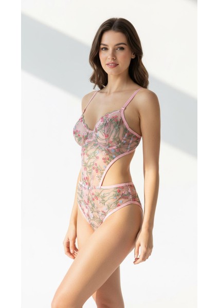 Kadın Pembe Çiçekli Transparan Bodysuit Iç Çamaşır Takımı