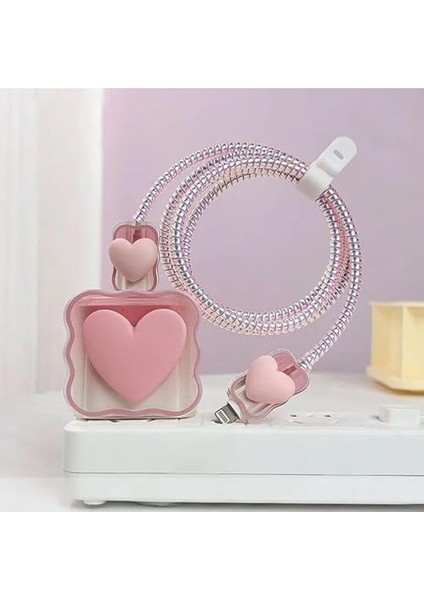 Aksesuar (5960) Pembe Kalp Şarj Aleti Kılıfı, Şarj Kablosu Örme Aparatı, Toparlayıcı, Kablo 18W/20W ile Uyumlu modelleri