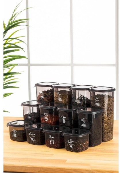 Beyaz Serigrafi Etiketli Kare Erzak Saklama Kabı 12'li Set 4x(0,55 Litre, 1,2 Litre, 1,75 Litre)