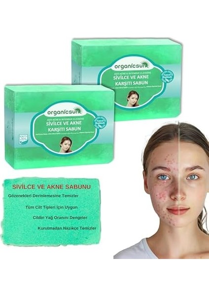 Organicsun Doğal Akne ve Sivilce Karşıtı Sabun 140 gr x 2 Adet Tüm Cilt Tipleri Için Natural Sabun modelleri