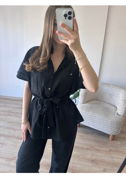 Kemerli Keten Takım - Siyah