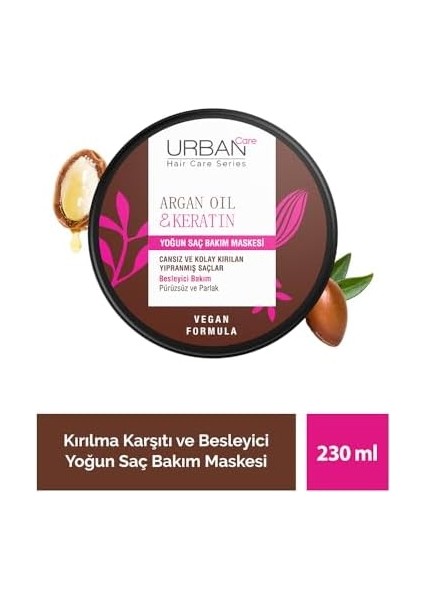Urban Care Argan Yağı & Keratin Kolay Kırılan Saçlara Özel Yoğun Saç Bakım Maskesi 230 Ml- Vegan
