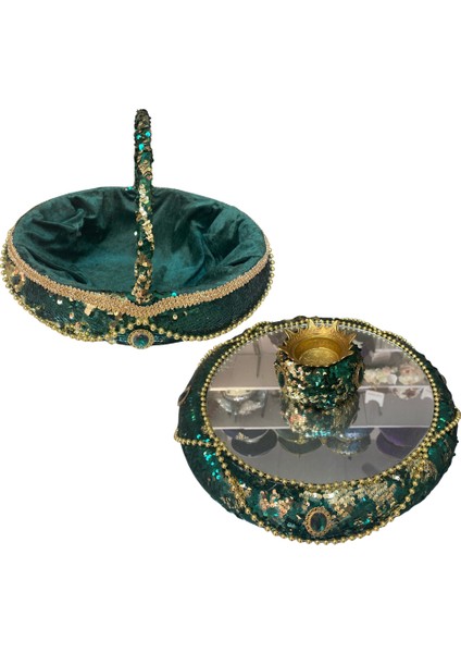 Lüks Pullu Aynalı Kına Sepeti Takımı- Yeşil