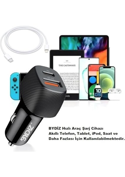 Bydiz BY-38L Hızlı Araç Şarj Cihazı 38W Araba Çakmaklık Şarj Aleti + Lightning Kablo USB + Pd Girişli 14/13/12/12 Pro Max/11/xs Max/xr/x,airpods Pro fiyatları