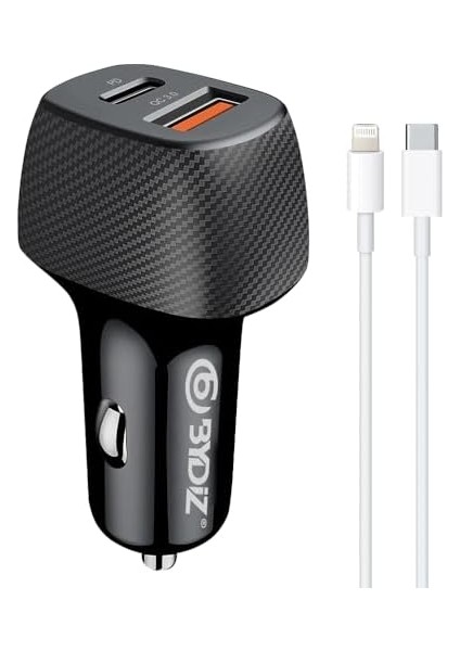Bydiz BY-38L Hızlı Araç Şarj Cihazı 38W Araba Çakmaklık Şarj Aleti + Lightning Kablo USB + Pd Girişli 14/13/12/12 Pro Max/11/xs Max/xr/x,airpods Pro modelleri