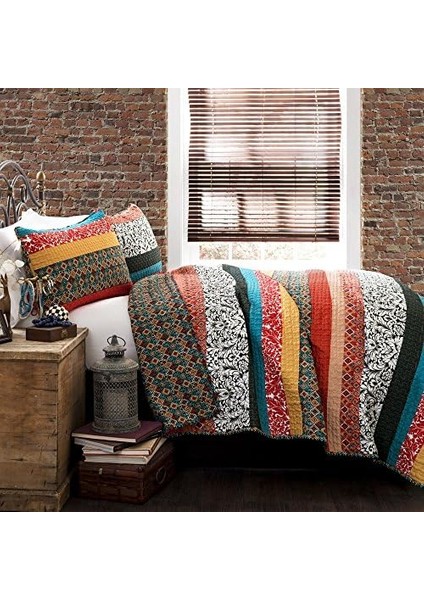 Çizgili Yorgan Ters Çevrilebilir 3 Parça Tasarım Yatak Seti - - Turkuaz ve Mandalina fiyatları