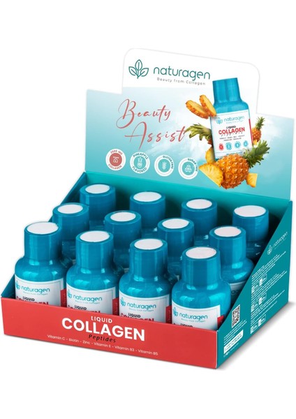 Naturagen Sıvı Kolajen Peptit Atışları – 12 x 60 ml – 2500 Mg Hidrolize Kolajen – 12 Günlük Kullanım – Tip 1 ve 3 – B3, B5, C, E Vitaminleri, Biyotin ve Çinko – Şekersiz ve Glutensiz
