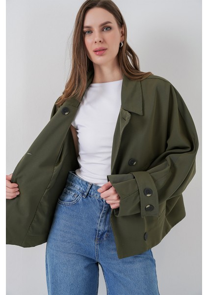 Kadın Oversize Kısa Trençkot 5977 - Haki fırsatları