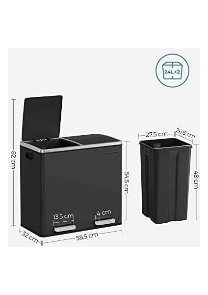 2 Bölmeli Atık Ayırma Sistemli Pedallı Çöp Kovası, Atık Kovası, Mutfak Için, 2 x 24 L, Yumuşak Kapanmalı, Plastik Iç Kova, Pedallı ve Kulplu, Siyah, LTB48BK fiyatları