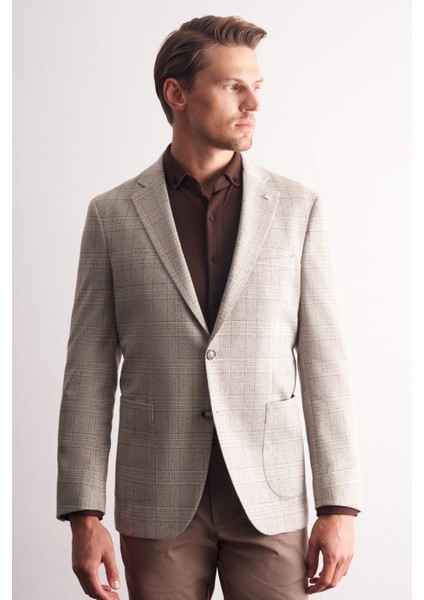 Taş Rengi Mono Yaka Ekose Desen Pamuklu 6 Drop Comfort Fit Classic Ceket 1002255152