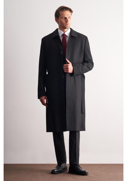 Siyah 115 cm Kaşe Polo Yaka Düz Esnek Garnisiz-Biyesiz Comfort Fit Palto 1005245150