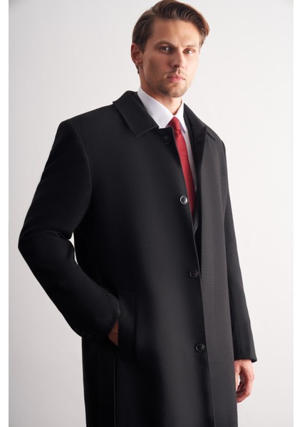 Siyah 115 cm Kaşe Polo Yaka Düz Esnek Garnisiz-Biyesiz Comfort Fit Palto 1005245150 fırsatları