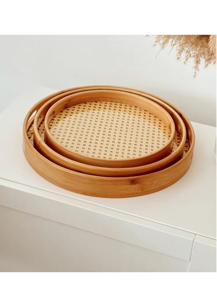 Bambu 3'lü Yuvarlak Servis Tepsisi Seti – 30-35-40 cm Hasır Örgü Desenli Bambu Tepsi, Çay Kahve Sunum Tepsisi, Dekoratif & Kaymaz Yüzeyli Şık Servis Tepsisi (Yuvarlak)