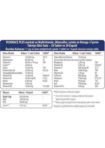 Visionace Plus 28 Tablet/28 Kapsül Besin Takviyesi modelleri