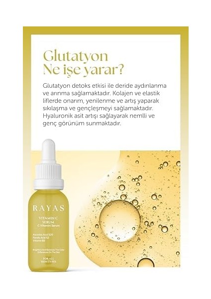 Leke Karşıtı Aydınlatıcı Vitamin C Serum Glutatyon, Ferulic Asit,%20 Ascorbic Asit 30 ml fiyatları