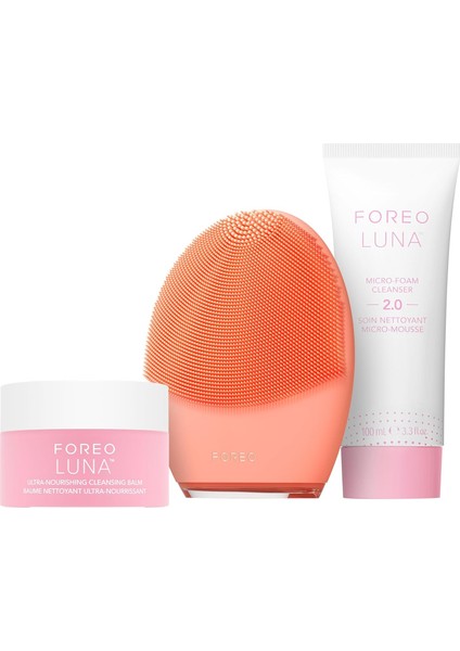 Foreo Clean Balance Luna 4 Paket - Karma Ciltler Için Yüz Temizleme Fırçası ve Masaj Aleti + Luna Mikro Köpük Yüz Temizleyici 2.0, 100 ml + Luna (Ultra Besleyici) Temizleme Balsamı, 15 ml