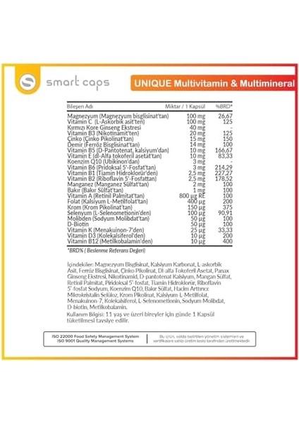 Smart Caps Unique Multivitamin/multimineral 30 Kapsül