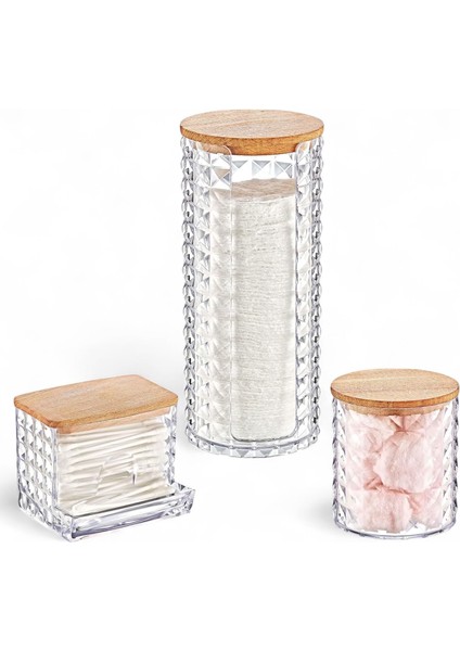 Ahşap Kapaklı 3'lü Organizer Set, Model Modern Pamukluk Düzenleyici Şık 3'lü Pamukluk Set - Şık ve Fonksiyonel Ahşap Kapaklı 3'lü Organizer Set