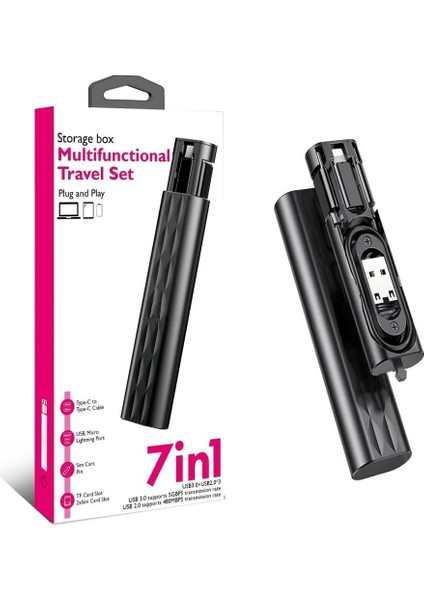 Aksesaurcı 7 In 1 Çok Işlevli USB C Adaptör Seti Type-C, Usb, Micro Light-Ning Port, Seyahat Için USB Kablosu Sim Kart, Hafıza Kartı Saklama Kutusu, Kameralar ve Daha Fazlası Için