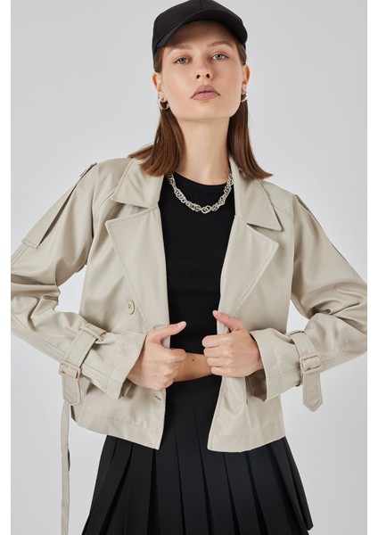 Kadın Kemerli Kısa Trençkot 5970 - Taş