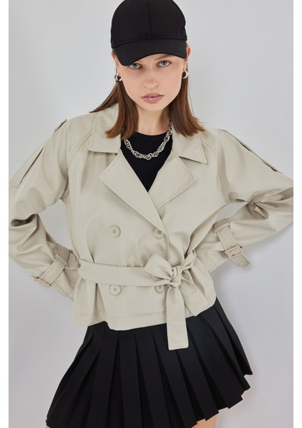 Kadın Kemerli Kısa Trençkot 5970 - Taş modelleri