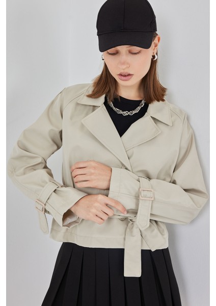 Kadın Kemerli Kısa Trençkot 5970 - Taş fırsatları