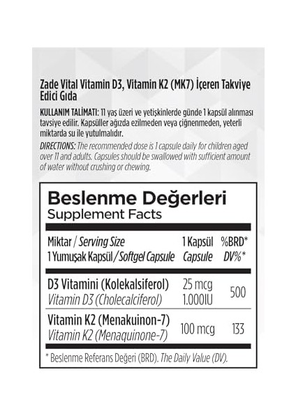 Zade Vital D3+K2 Vitamini Içeren Takviye Edici Gıda 30 Kapsül (1 x 30 Adet) fiyatları