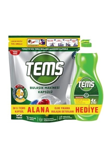 Tems Bulaşık Makinesi Kapsülü 36'lı+Elde Yıkama Bulaşık Deterjanı 500 ml Hediyeli