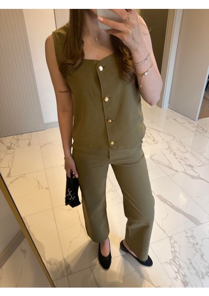 Yelekli Keten Takım - Haki