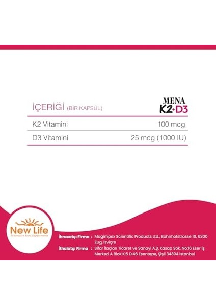 New Life Mena K2 D3 30 Kapsül - 100MCG K2 Vitamini + 1000IU D3 Vitamini