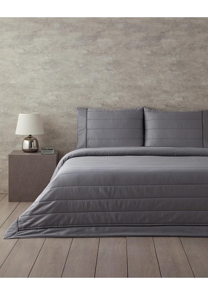 Valery Pamuk Kapitoneli Çift Kişilik Yatak Örtüsü Takımı Koyu Gri
