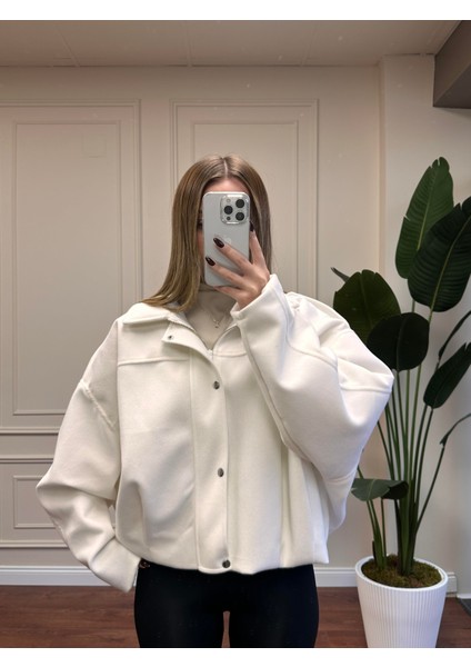Oversize Kaşe Mont - Beyaz