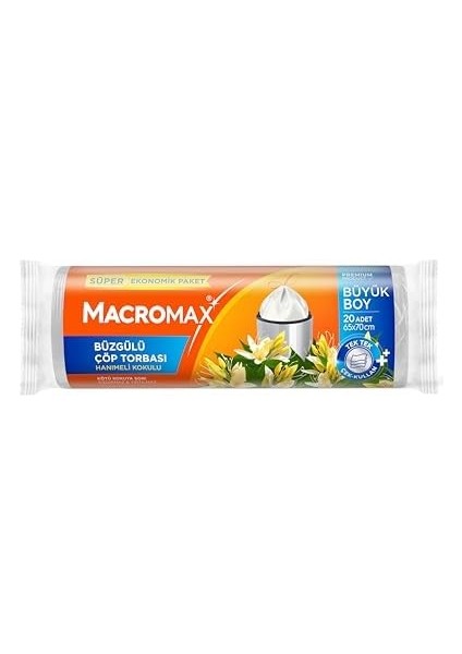 Macromax Büzgülü Çöp Torbası Büyük Boy (65X70CM) Hanımeli Kokulu 20 Adet Süper Ekonomik Paket fiyatları