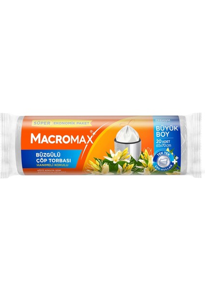 Macromax Büzgülü Çöp Torbası Büyük Boy (65X70CM) Hanımeli Kokulu 20 Adet Süper Ekonomik Paket modelleri