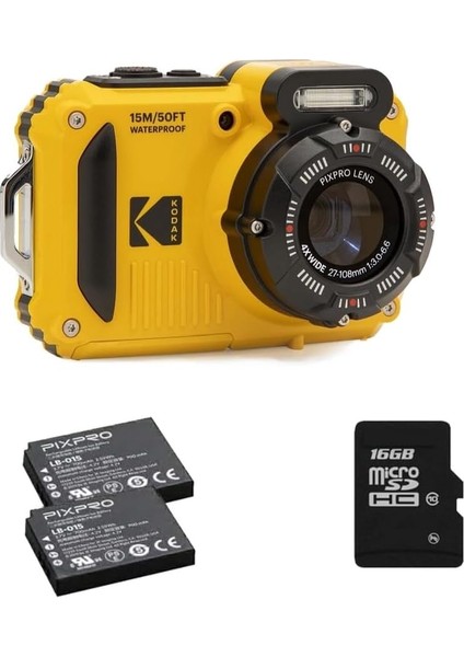 Kodak Pıxpro Wpz2 15M Su Geçirmez Fotoğraf Makinesi - 2 Lityum Pil + 16GB Sd Kart - 16MP, 4x Optik Zoom, 1080P Full Hd Video (Sarı)