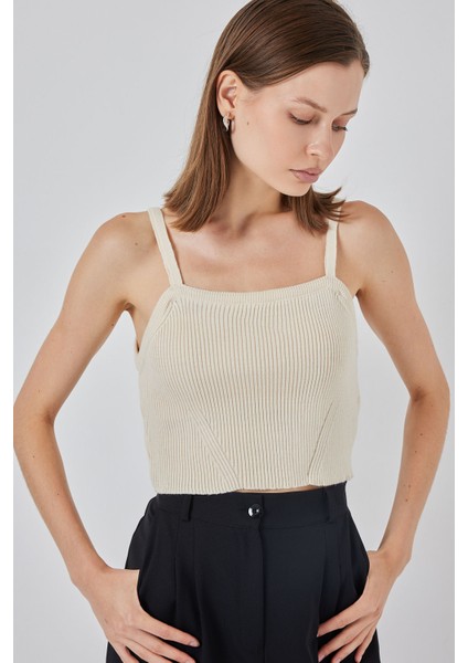 Kadın Askılı Crop Top Bluz 15934 - Krem