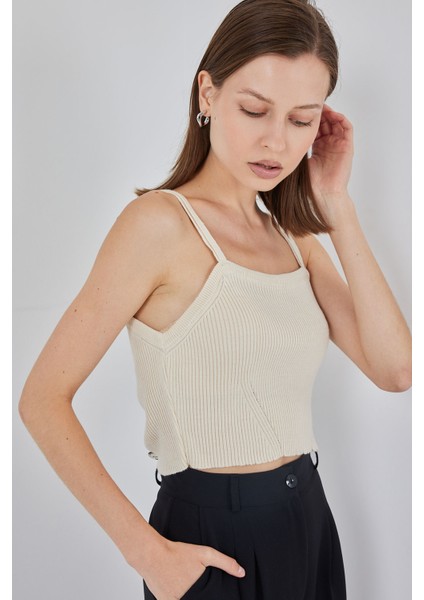 Kadın Askılı Crop Top Bluz 15934 - Krem modelleri