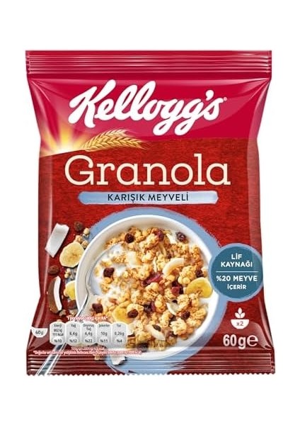 Kellogg's Granola Karışık Meyveli 60 gr X10 Adet,%45 Yulaf Içerir,lif Kaynağı,antioksidan Içerir,%20 Kurutulmuş Meyve,üzüm,hindistan Cevizi Cipsi,muz Cipsi,turna Yemişi,çıtır Elma,kahvaltılık Gevrek fiyatları