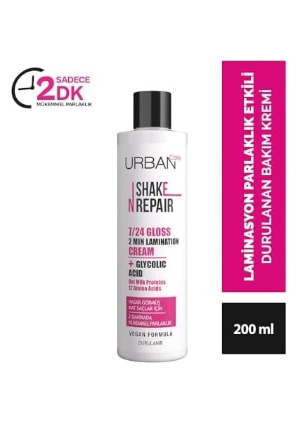 Urban Care Shake N Repair 7/24 Glikolik Asit Içeren Gloss Laminasyon Parlaklık Etkili Bakım Kremi, 200 Mililitre, Vegan