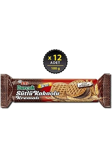 Eti Burçak Sütlü Kakaolu Kremalı Yulaflı Bisküvi 100 G x 12 Adet