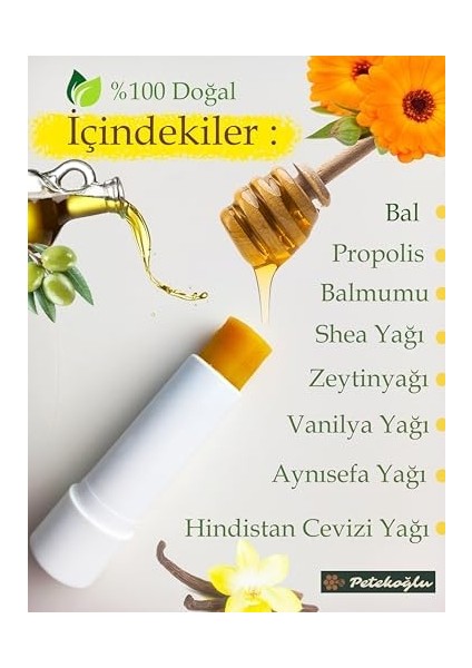 Petekoğlu (3 Adet) Propolis, Bal, Shea, Hindistan Cevizi ve Zeytinyağı El Yapımı Dudak Kremi Nemlendirici Onarıcı