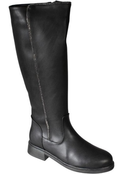 Yazkış Kadın Siyah Cilt 38CM Bilek Boyu Yanı Taşlı Düz Taban Çizme